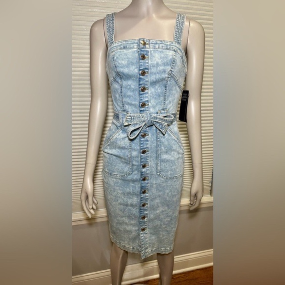 Guess Ella Apron Denim Midi Bodycon Stretch Button Down Belted Dress NWT Size 0